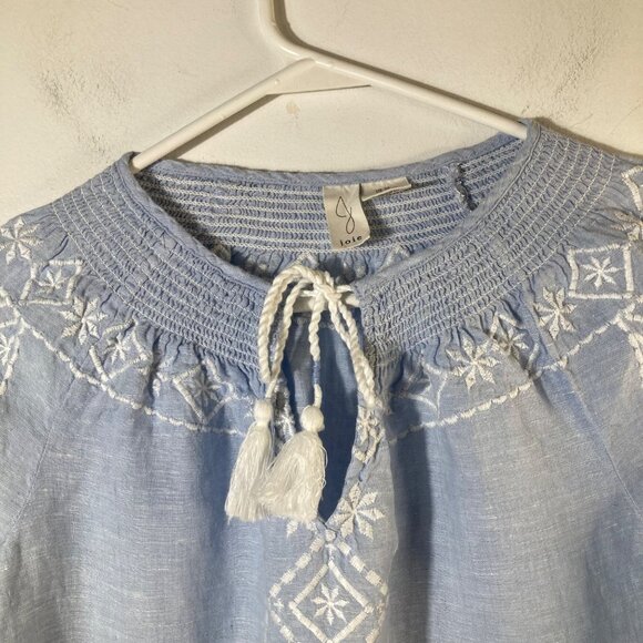 Womens Joie Boho Embroidered Linen Tunic Light Blue XS V Tie Neck Long Sleeve - Picture 4 of 10